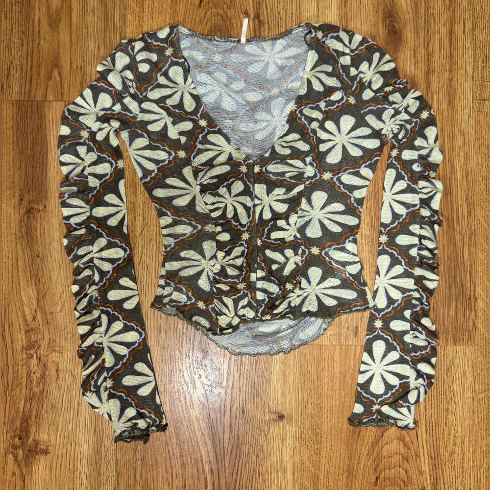 Free People Womens Through The Meadow Floral Top Knitted Stretch V Neck Size XS